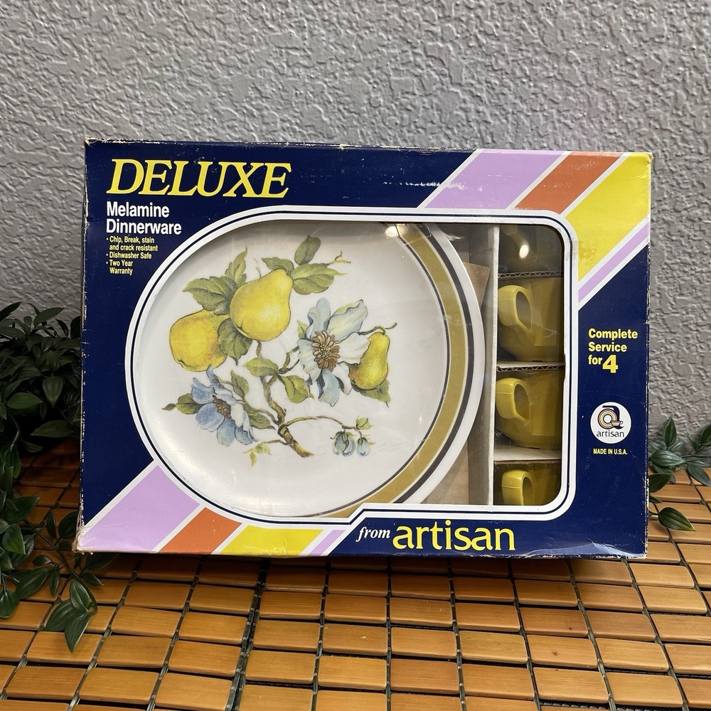 Vintage 80s Artisan Deluxe Melamine Dinnerware Set Service for 4 Pear Floral NOS